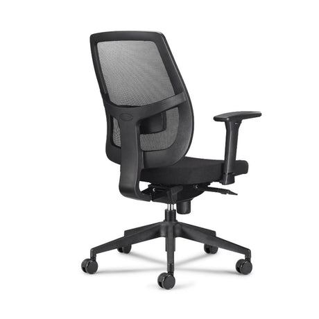 The product is an ergonomic office chair, designed for comfort and support during long hours of sitting. It features a mesh back for breathability, adjustable armrests, and a sleek black design. The chair is mounted on a wheeled base for easy mobility.