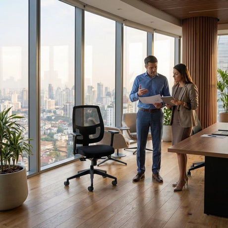 The image features an ergonomic office chair, designed for comfort and support during long hours of work. The chair has a mesh back for breathability and is positioned in a modern office space with large windows showcasing a city skyline. Two professionals are engaged in discussion, holding documents and a tablet, suggesting a collaborative work environment.