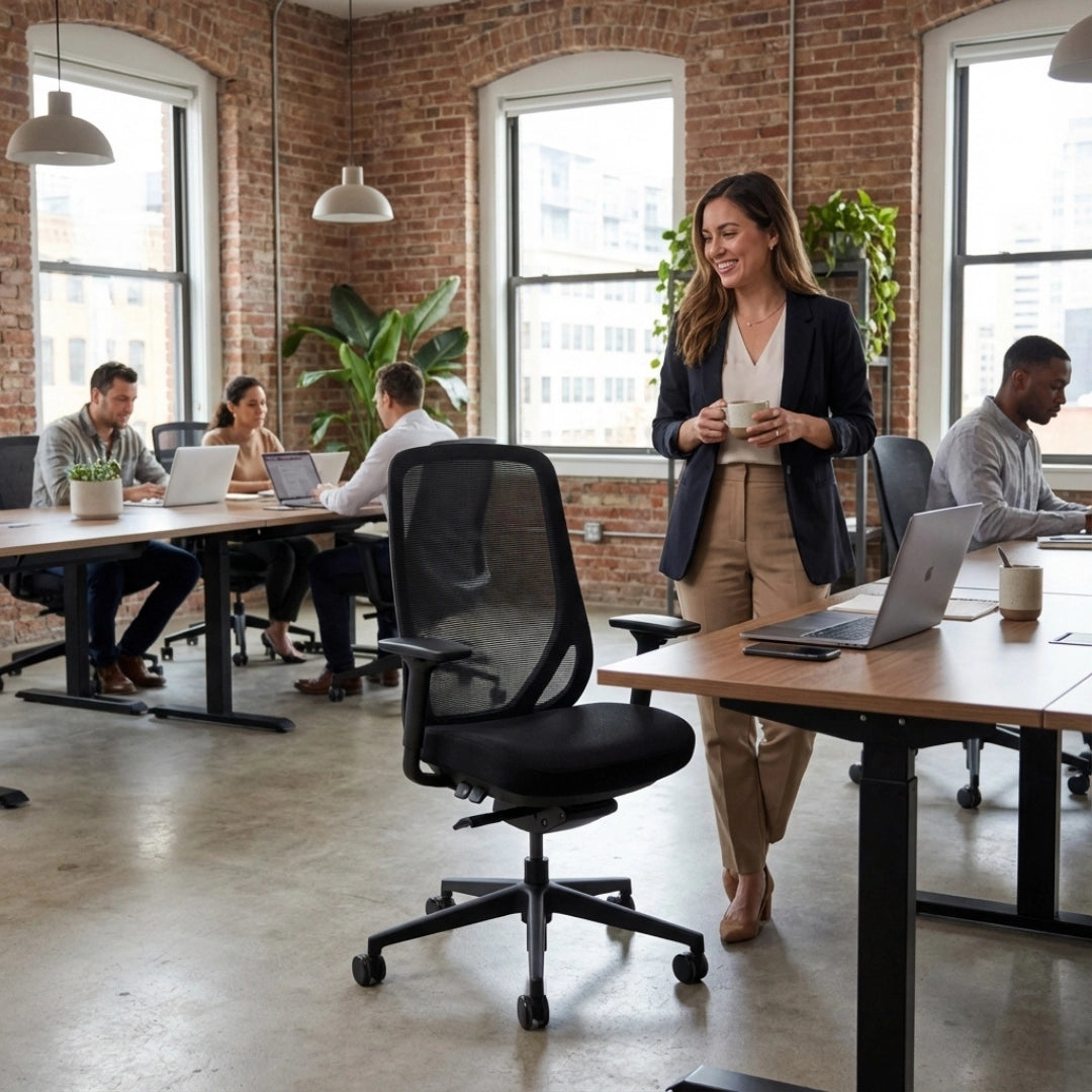 The product is an ergonomic office chair, likely from the "Glory" model line. The image shows a modern office environment with a woman standing and holding a cup, while several people are seated at desks working on laptops. The chair features a mesh back and a black seat, emphasizing comfort and support in a professional setting.