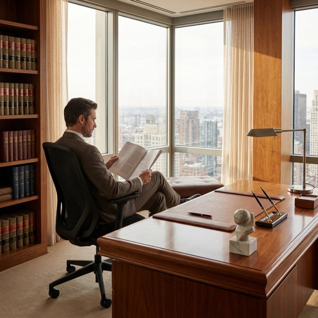 The image features an ergonomic office chair, likely from the "Glory" model line. A man in formal attire is seated in the chair, reading a book while positioned in a stylish office with large windows showcasing a city view. The office decor includes wooden shelves filled with books and a modern desk with minimalistic accessories.