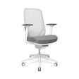 The product is an ergonomic office chair, specifically the Glory model. The chair features a sleek design with a gray fabric seat and a mesh backrest for breathability. It has adjustable armrests and is mounted on a five-point base with wheels for mobility.