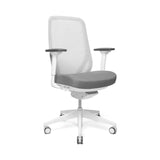 The product is an ergonomic office chair, specifically the Glory model. The chair features a sleek design with a gray fabric seat and a mesh backrest for breathability. It has adjustable armrests and is mounted on a five-point base with wheels for mobility.