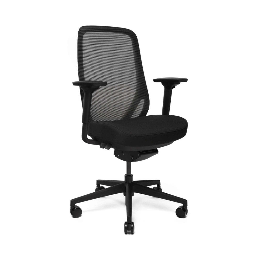 The product is an ergonomic office chair designed for comfort and support during long hours of sitting. It features a mesh backrest for breathability and a cushioned seat for added comfort. The chair has adjustable armrests and is mounted on a rolling base for easy movement.