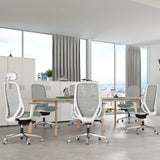 The product is an ergonomic office chair, specifically the "Glory" model. The image shows a modern office setting with several of these chairs arranged around a wooden table. The chairs feature a sleek design with mesh backs and cushioned seats, providing a contemporary and comfortable workspace. Large windows in the background offer a view of the city, enhancing the office