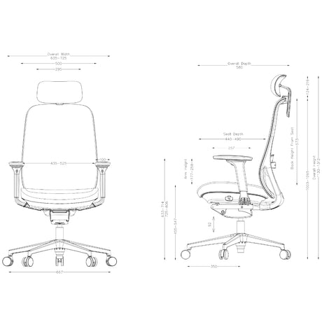 The product is an ergonomic office chair, specifically the "Glory" model. The image displays technical drawings showing the chair's dimensions, including overall width, depth, and seat height. It features adjustable armrests and a supportive backrest, designed for comfort and optimal posture during long hours of use.