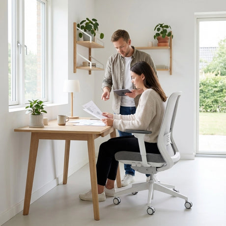 The image features an ergonomic office chair designed for comfort and support during long hours of work. The chair is part of the "Glory" model, characterized by its modern design and adjustable features. In the scene, a man and a woman are engaged in a discussion at a wooden desk, with the woman seated in the chair, reviewing documents, while