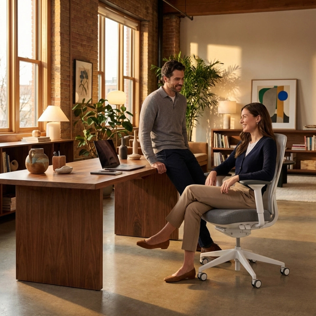 The image features an ergonomic office chair, specifically the "Glory" model. It showcases a modern workspace with a man and a woman engaged in conversation. The chair has a sleek design with a light gray seat and a white base. The setting includes a wooden desk, plants, and warm lighting, creating a cozy and inviting atmosphere.