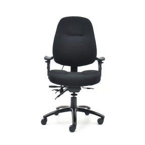 The product is an ergonomic office chair, specifically the Max Pro model. The chair features a black fabric upholstery, a high backrest for support, adjustable armrests, and a five-point base with wheels for mobility. Its design emphasizes comfort and functionality, suitable for long hours of use.