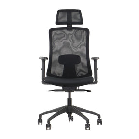The product is an ergonomic office chair, specifically the Morton model. The chair features a black mesh backrest for breathability, a padded seat for comfort, and adjustable armrests. It is designed to provide support during long hours of sitting, making it suitable for office environments.