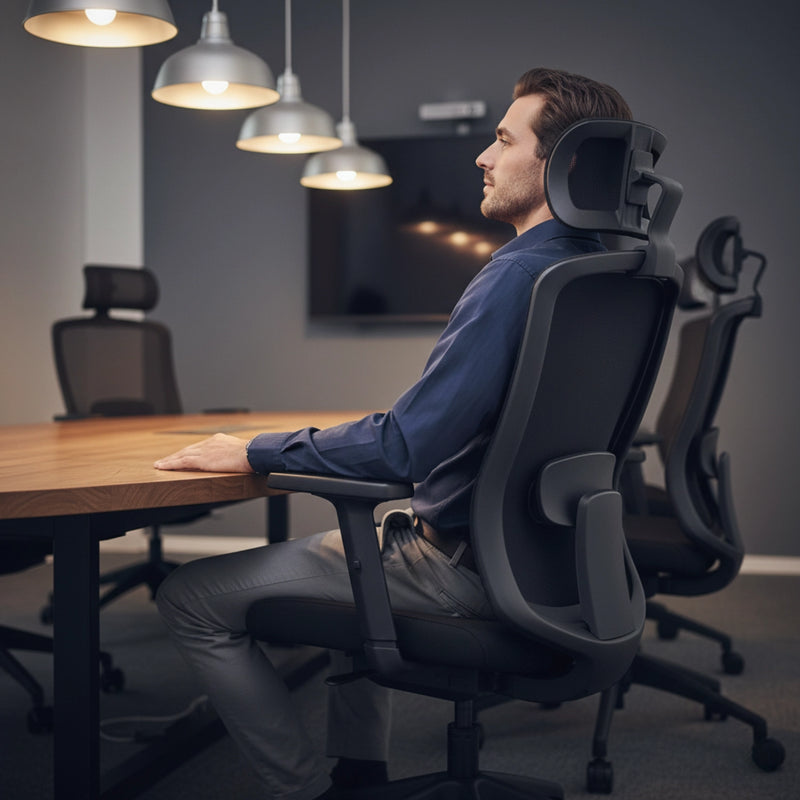 The image features an ergonomic office chair, specifically the Morton model. It shows a man sitting comfortably in the chair at a conference table, with a modern office setting in the background. The chair has a sleek design, with adjustable features and a supportive headrest, enhancing comfort and posture during work.