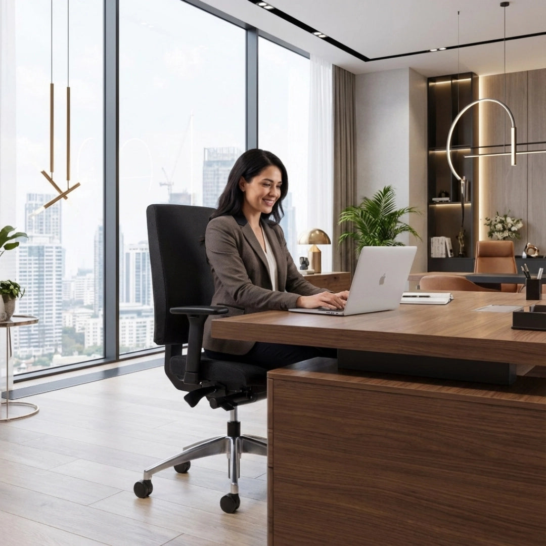 The image features an ergonomic office chair, designed for comfort and support during long hours of work. A woman is seated at a modern wooden desk, using a laptop, with a city skyline visible through large windows in the background. The office space is stylishly decorated, enhancing the professional atmosphere.