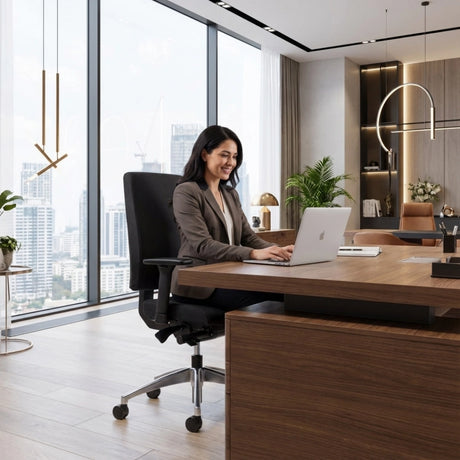 The image features an ergonomic office chair, designed for comfort and support during long hours of work. A woman is seated at a modern wooden desk, using a laptop, with a city skyline visible through large windows in the background. The office space is stylishly decorated, enhancing the professional atmosphere.