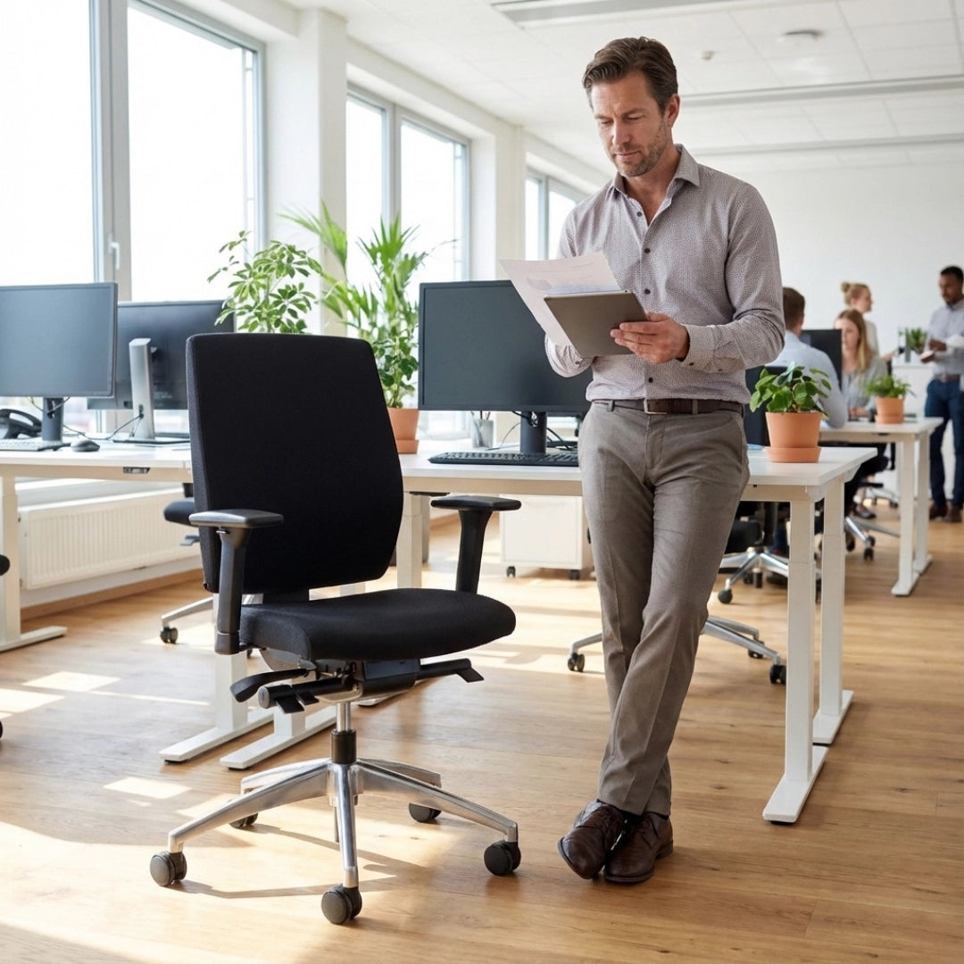 The image features an ergonomic office chair, specifically the "Profi" model. It showcases a sleek black design with adjustable armrests and a five-star base on wheels. In the background, a modern office setting is visible, with several desks, computers, and plants, creating a professional atmosphere. A man is standing beside the chair, reviewing documents.