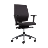 The product is an ergonomic office chair designed for comfort and support during long hours of sitting. It features a sleek black fabric upholstery, adjustable armrests, and a five-point base with wheels for mobility. The chair has a modern design, suitable for various office environments.