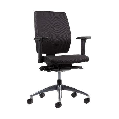 The product is an ergonomic office chair designed for comfort and support during long hours of sitting. It features a sleek black fabric upholstery, adjustable armrests, and a five-point base with wheels for mobility. The chair has a modern design, suitable for various office environments.