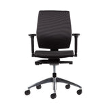 The product is an ergonomic office chair designed for comfort and support during long hours of sitting. It features a sleek design with a mesh backrest and seat, adjustable armrests, and a five-point base with wheels for mobility. The chair is likely intended for professional or home office use.