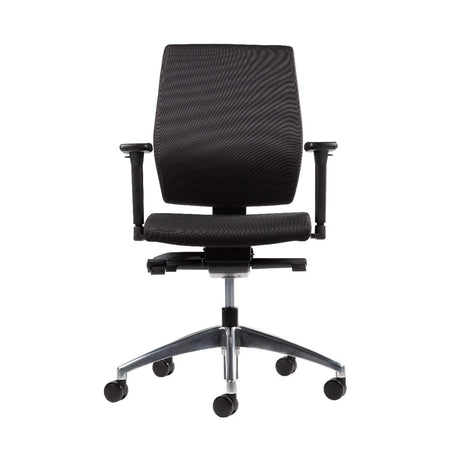 The product is an ergonomic office chair designed for comfort and support during long hours of sitting. It features a sleek design with a mesh backrest and seat, adjustable armrests, and a five-point base with wheels for mobility. The chair is likely intended for professional or home office use.