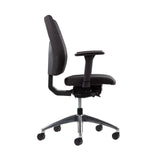 The product is an ergonomic office chair designed for comfort and support during long hours of sitting. It features a sleek black design with a mesh backrest and a padded seat, along with adjustable armrests. The chair is mounted on a five-point base with wheels for easy mobility.