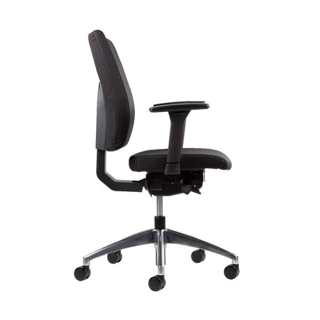 The product is an ergonomic office chair designed for comfort and support during long hours of sitting. It features a sleek black design with a mesh backrest and a padded seat, along with adjustable armrests. The chair is mounted on a five-point base with wheels for easy mobility.