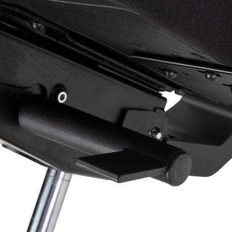 The image depicts an ergonomic office chair, specifically highlighting a part of its mechanism. It features a black frame with a visible lever and adjustment components, suggesting functionality for seat height or tilt adjustments. The design emphasizes comfort and support, typical of ergonomic chairs.