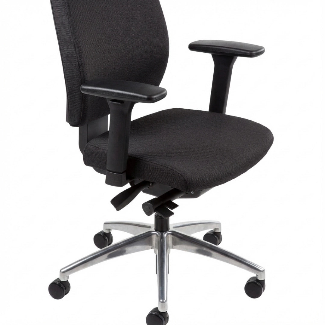 The product is an ergonomic office chair, designed for comfort and support during long hours of sitting. It features a black fabric upholstery, adjustable armrests, and a five-point base with wheels for mobility. The chair's design emphasizes ergonomic principles to promote good posture.
