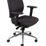 The product is an ergonomic office chair, designed for comfort and support during long hours of sitting. It features a black fabric upholstery, adjustable armrests, and a five-point base with wheels for mobility. The chair's design emphasizes ergonomic principles to promote good posture.