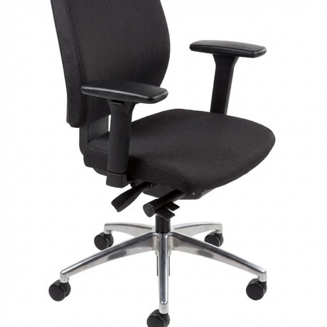 The product is an ergonomic office chair, designed for comfort and support during long hours of sitting. It features a black fabric upholstery, adjustable armrests, and a five-point base with wheels for mobility. The chair's design emphasizes ergonomic principles to promote good posture.