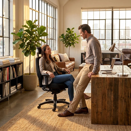 The image features an ergonomic office chair, specifically the Rapthor model. It shows a woman sitting comfortably in the chair while engaging in conversation with a man standing nearby. The setting is a stylish office space with large windows, plants, and modern furniture, creating a warm and inviting atmosphere.