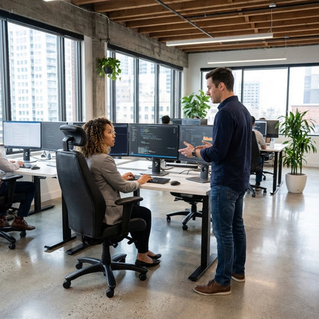 The image features an ergonomic office chair, likely from the brand Rapthor. In the scene, a woman is seated at a desk with multiple computer monitors, engaged in conversation with a man standing nearby. The office environment is modern, with large windows and plants, creating a bright and inviting workspace.