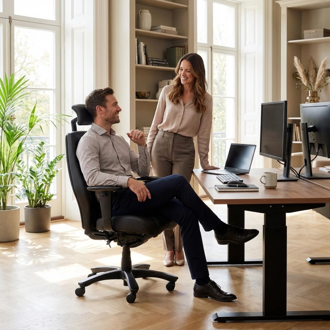 The image features an ergonomic office chair model named "Rapthor." It showcases a modern office setting where a man is seated comfortably in the chair, engaging in conversation with a woman standing beside him. The workspace includes a desk with dual monitors, a laptop, and some decorative plants, creating a professional yet inviting atmosphere.