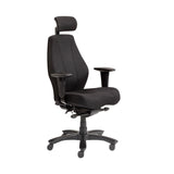 The product is an ergonomic office chair, specifically the Rapthor model. The chair features a high backrest with a headrest, adjustable armrests, and a sleek black fabric design. It is designed for comfort and support during long hours of sitting.