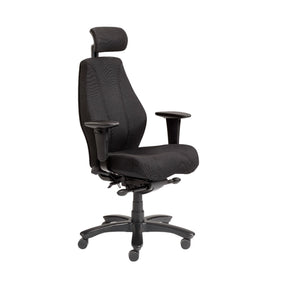 The product is an ergonomic office chair, specifically the Rapthor model. The chair features a high backrest with a headrest, adjustable armrests, and a sleek black fabric design. It is designed for comfort and support during long hours of sitting.