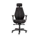 The product is an ergonomic office chair, specifically the Rapthor model. The chair features a high backrest with a headrest, adjustable armrests, and a contoured seat, all designed for comfort and support during long hours of sitting. It is primarily black in color with a textured fabric upholstery.