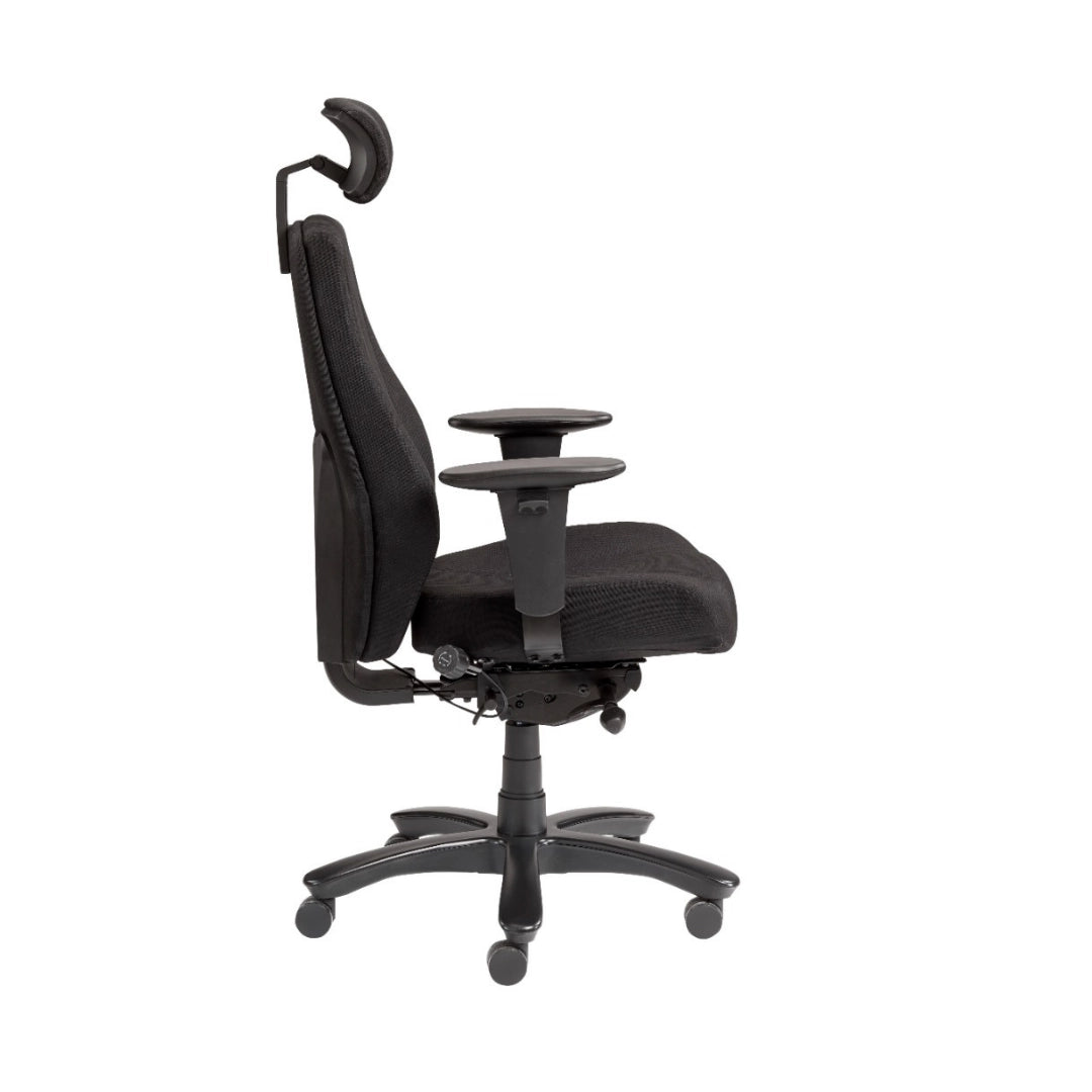 The product is an ergonomic office chair, specifically the Rapthor model. The image shows the chair from the side, highlighting its sleek black design, adjustable armrests, and a supportive backrest with a headrest. The chair is designed for comfort and functionality, suitable for extended periods of use.
