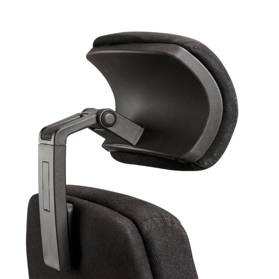 The image features an ergonomic office chair, specifically the Rapthor model. It shows a close-up of the chair's adjustable headrest, which is designed for comfort and support. The headrest has a sleek design with a fabric covering and is mounted on a black adjustable arm.