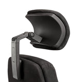 The image features an ergonomic office chair, specifically the Rapthor model. It shows a close-up of the chair's adjustable headrest, which is designed for comfort and support. The headrest has a sleek design with a fabric covering and is mounted on a black adjustable arm.