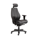 The product is an ergonomic office chair, specifically the Rapthor model. The chair features a sleek black design with a high backrest, adjustable headrest, and armrests, providing comfort and support for prolonged sitting. The base is equipped with wheels for easy mobility.