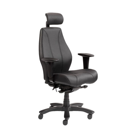 The product is an ergonomic office chair, specifically the Rapthor model. The chair features a sleek black design with a high backrest, adjustable headrest, and armrests, providing comfort and support for prolonged sitting. The base is equipped with wheels for easy mobility.