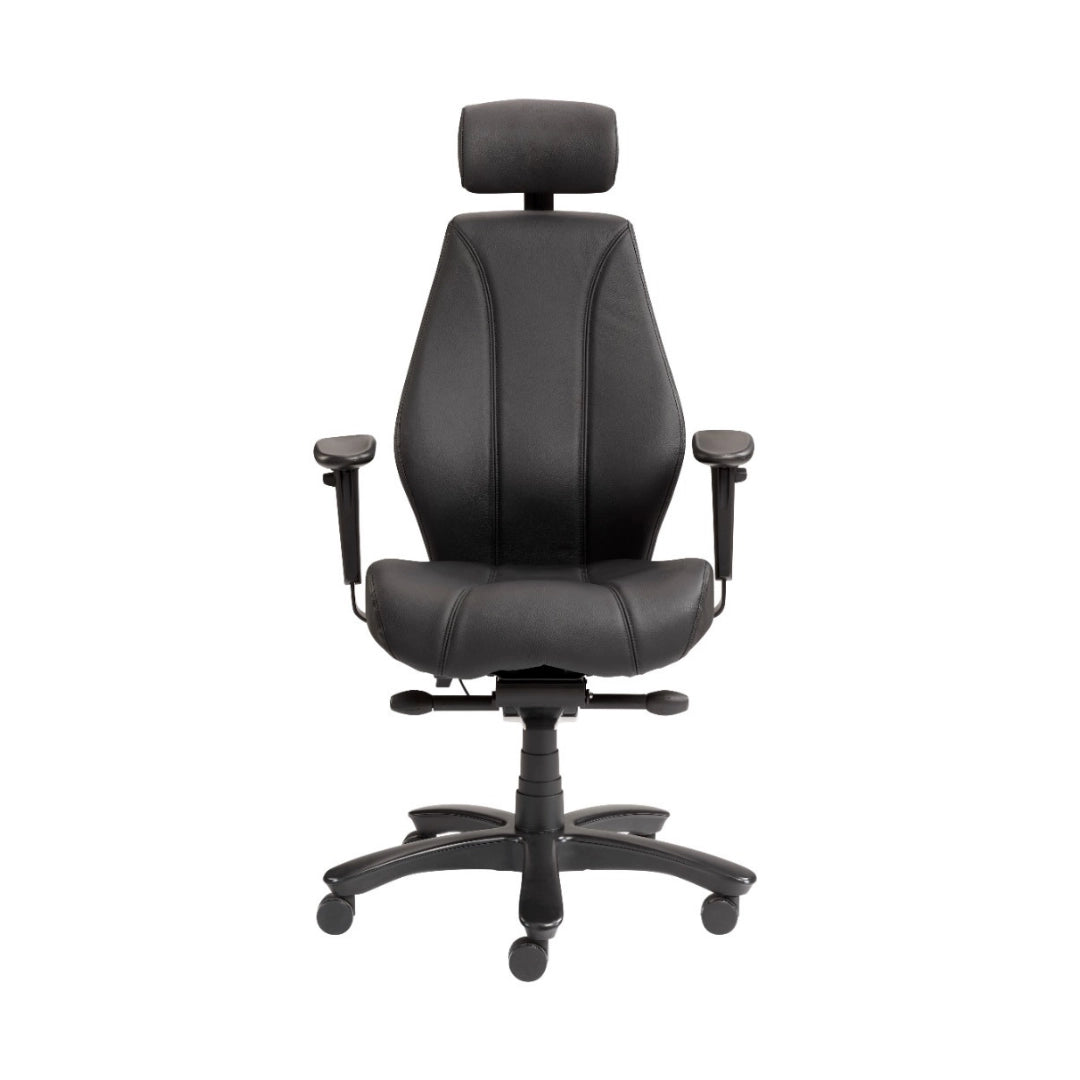The product is an ergonomic office chair, specifically the Rapthor model. The chair features a sleek black design with a high backrest and adjustable headrest, designed for comfort during long hours of sitting. It includes adjustable armrests and a five-point base with wheels for mobility.