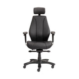 The product is an ergonomic office chair, specifically the Rapthor model. The chair features a sleek black design with a high backrest and adjustable headrest, designed for comfort during long hours of sitting. It includes adjustable armrests and a five-point base with wheels for mobility.