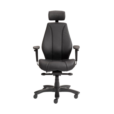The product is an ergonomic office chair, specifically the Rapthor model. The chair features a sleek black design with a high backrest and adjustable headrest, designed for comfort during long hours of sitting. It includes adjustable armrests and a five-point base with wheels for mobility.