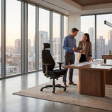 The image features an ergonomic office chair, model "Rapthor." It showcases a modern office setting with large windows offering a city view. Two professionals are engaged in discussion at a wooden desk, while the chair is positioned prominently in the foreground, highlighting its design and functionality.