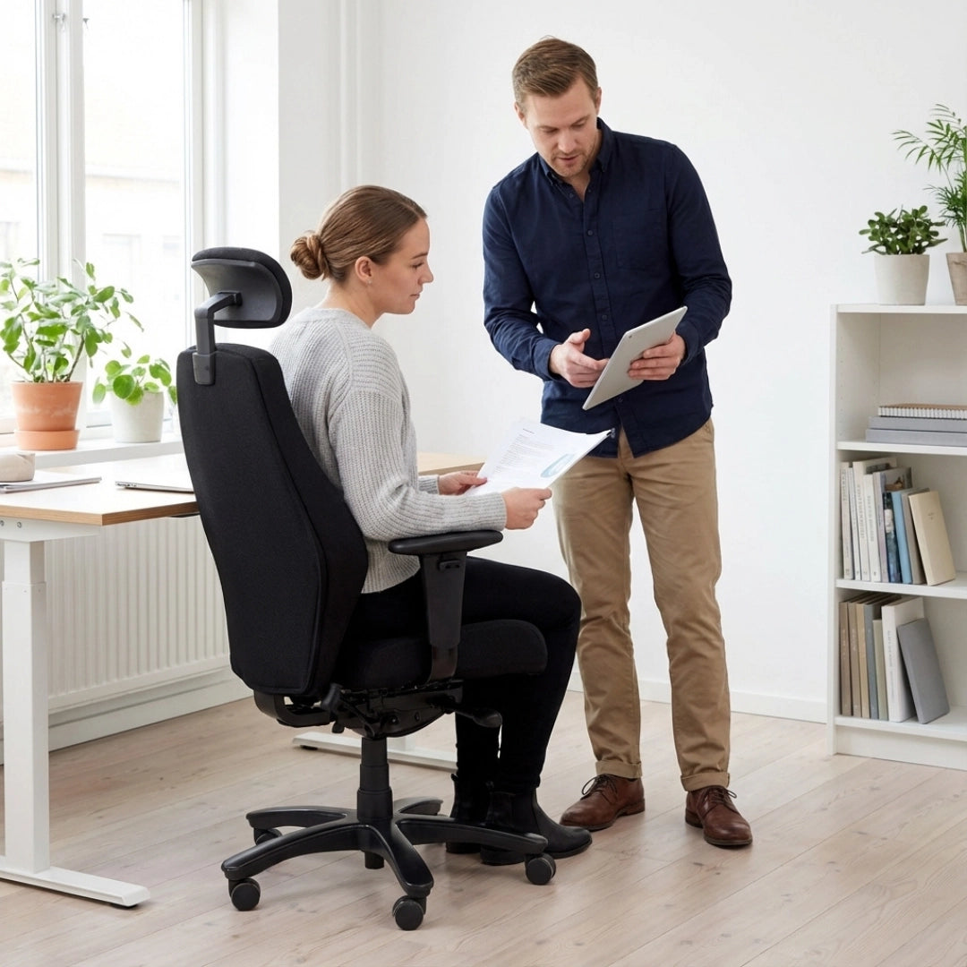 The image features an ergonomic office chair, specifically the Rapthor model. It shows a woman sitting in the chair, reviewing documents, while a man stands beside her, holding a tablet and discussing something. The setting appears to be a modern office with plants and a clean, minimalistic design.