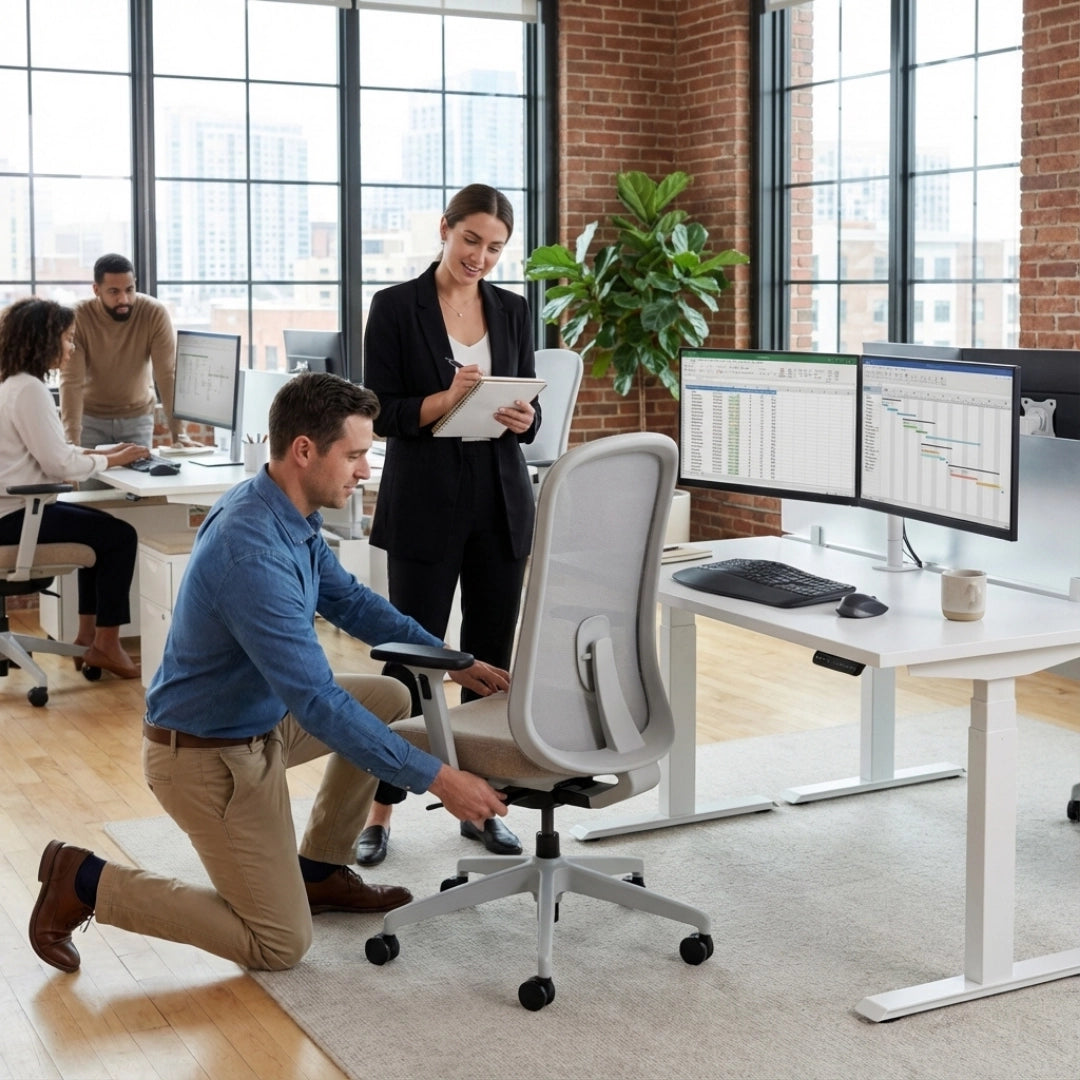 The image features an ergonomic office chair designed for comfort and support during long hours of work. The chair has a modern design with a mesh back and cushioned seat, promoting airflow and comfort. In the scene, a man is adjusting the chair while a woman takes notes, indicating a collaborative office environment. Other individuals are visible working at their desks, showcasing