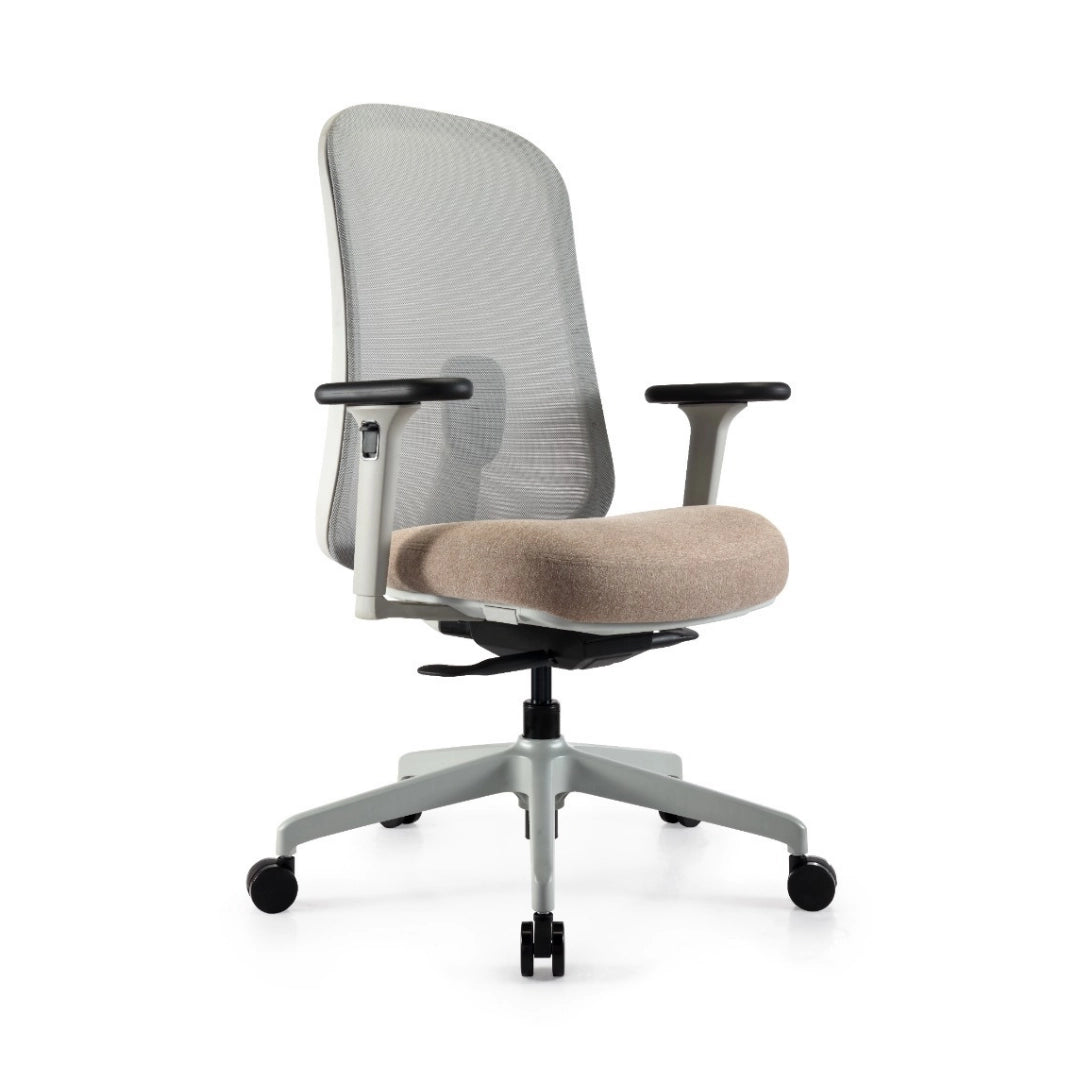The product is an ergonomic office chair, featuring a sleek design with a mesh back and a cushioned seat in a neutral color. It has adjustable armrests and a five-point base with wheels for mobility. The overall aesthetic is modern and functional, suitable for office environments.