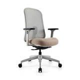 The product is an ergonomic office chair, featuring a sleek design with a mesh back and a cushioned seat in a neutral color. It has adjustable armrests and a five-point base with wheels for mobility. The overall aesthetic is modern and functional, suitable for office environments.