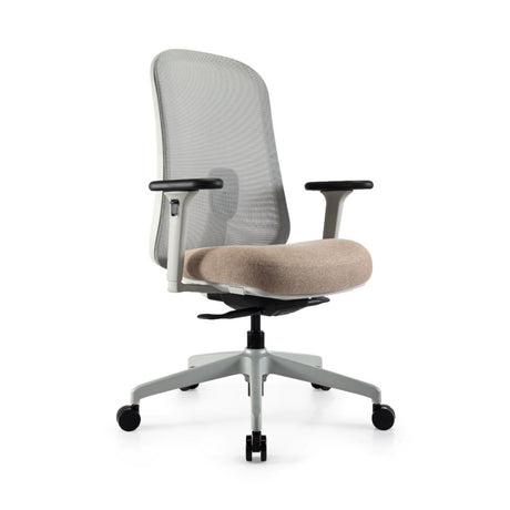 The product is an ergonomic office chair, featuring a sleek design with a mesh back and a cushioned seat in a neutral color. It has adjustable armrests and a five-point base with wheels for mobility. The overall aesthetic is modern and functional, suitable for office environments.
