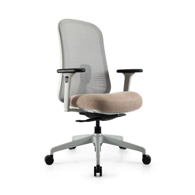 The product is an ergonomic office chair, featuring a sleek design with a mesh back and a cushioned seat in a neutral color. It has adjustable armrests and a five-point base with wheels for mobility. The overall aesthetic is modern and functional, suitable for office environments.
