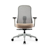 The product is an ergonomic office chair, featuring a mesh backrest for breathability and a cushioned seat for comfort. It has adjustable armrests and a five-star base with wheels for mobility. The overall design is modern and functional, suitable for office environments.