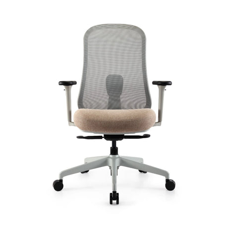 The product is an ergonomic office chair, featuring a mesh backrest for breathability and a cushioned seat for comfort. It has adjustable armrests and a five-star base with wheels for mobility. The overall design is modern and functional, suitable for office environments.